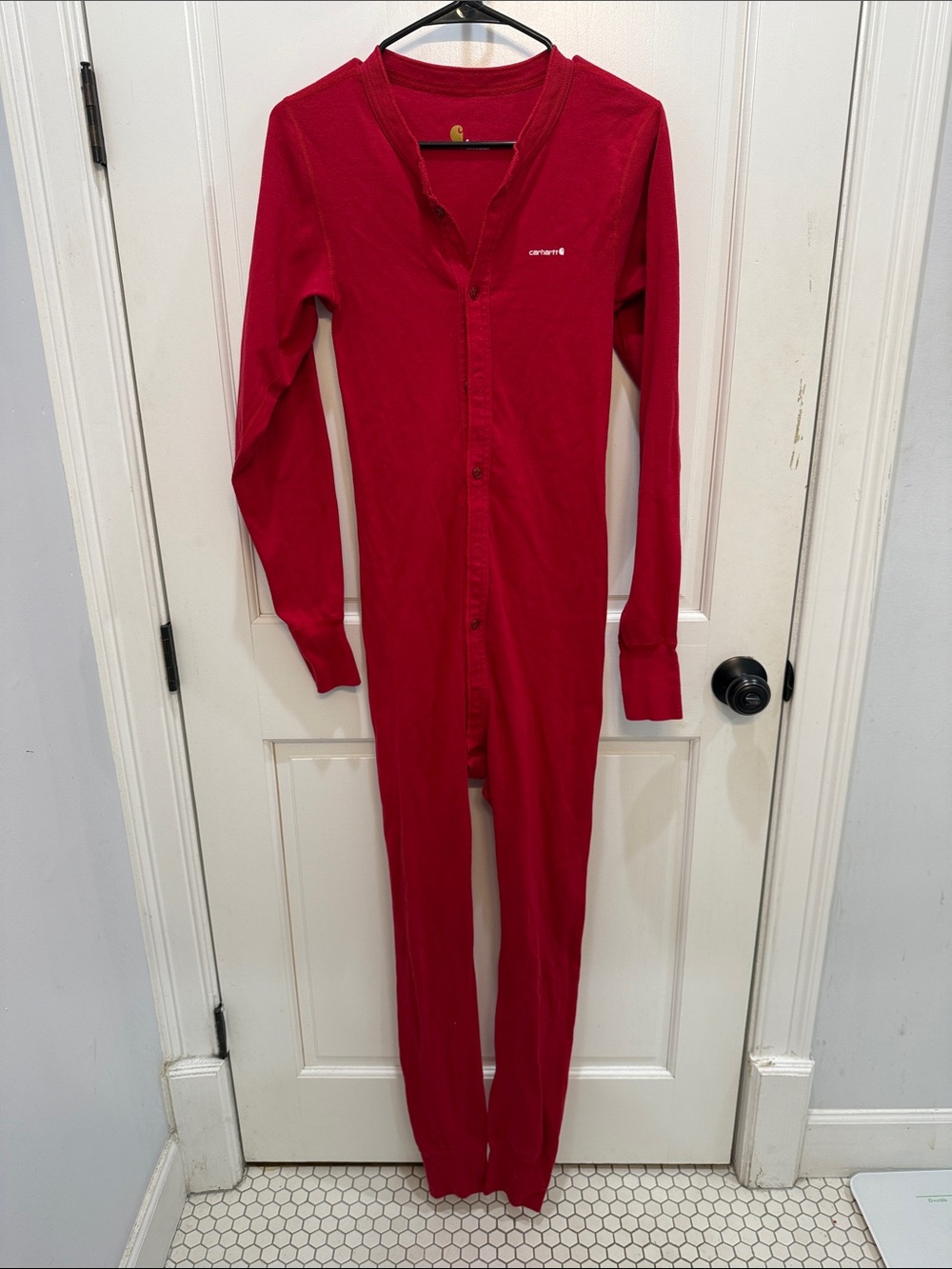 100% cotton Carhartt Red Men's Long-Sleeve Footie One-Piece